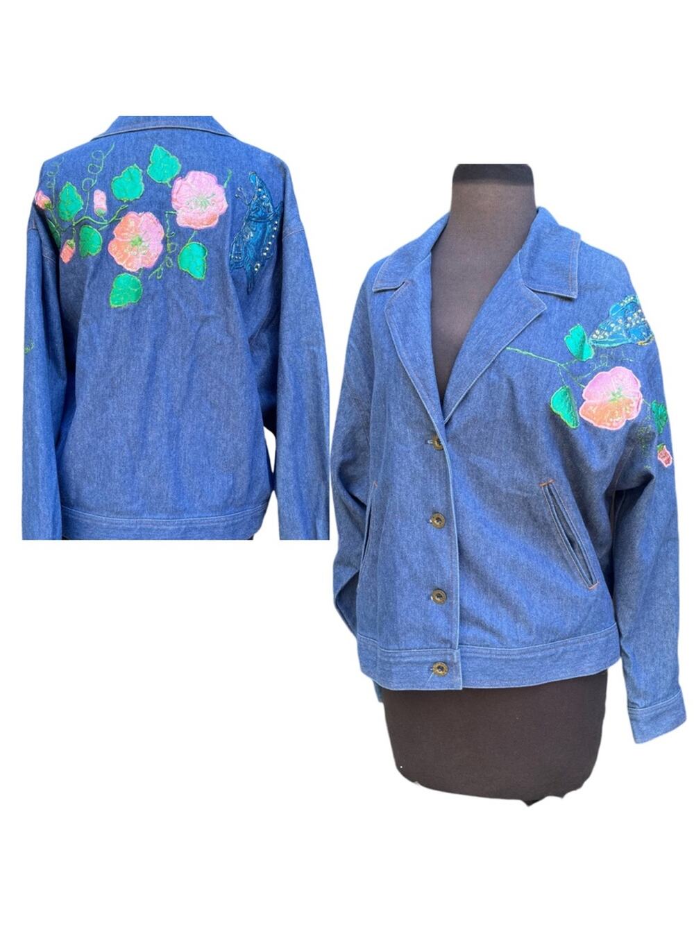 Vtg Denim Floral Butterfly Painted Fairy Boho Artsy Jean Jacke Size M Oversized